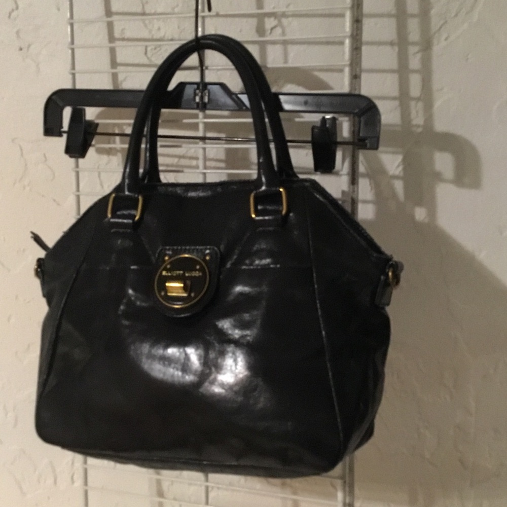 Elliott Lucca Shiny Black Satchel with Gold Accents